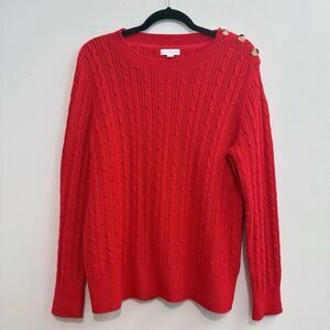 Charter Club Womens Large Red Cable Knit Crewneck Button Accent Holiday Sweater
